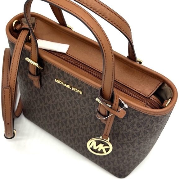 Michael Kors Jet Set Travel Extra-Small Top-Zip lote Bag & Trifold Wallet Brown - Picture 6 of 12